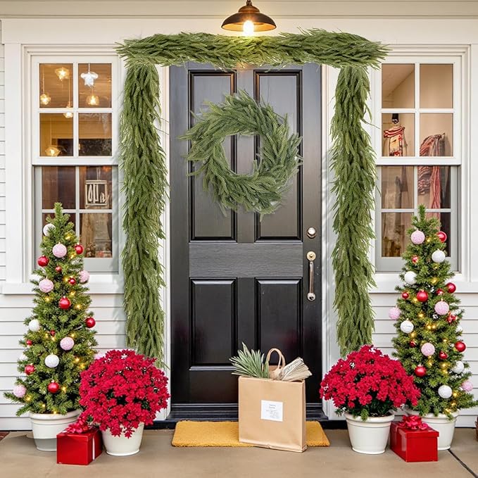 Findosom 2PCS 9Ft Christmas Norfolk Pine Garland, Real Touch Artificial Winter Green Pine Garland for Mantle, Wall, Fireplace, Stairs, Table, Indoor & Outdoor Christmas Decorations