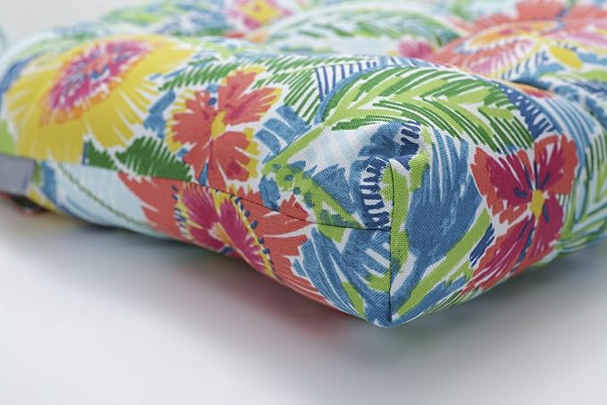 Pillow Perfect Bright Floral Indoor/Outdoor Chairpad with Ties, Reversible, Tufted, Weather, and Fade Resistant, 15.5" x 16", Multicolored Pensacola, 2 Count