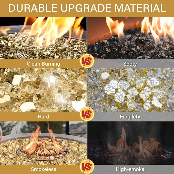 NUPICK 20 Pound Fire Glass for Fire Pit, 1/2 Inch Tempered Reflective Fire Glass for Propane Fire Pit & Gas Fireplace, Gold Rock