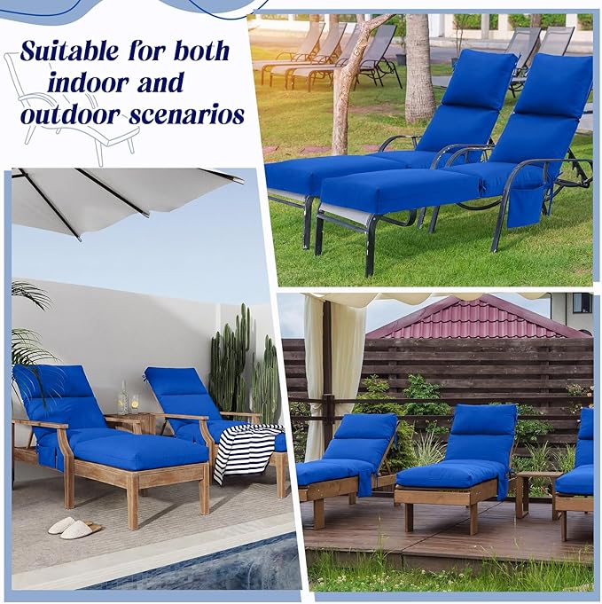 Kigley 2 Pcs Chaise Lounge Cushions, 77.9 x 20.5 x 4.7 Inch Outdoor Lounge Chair Cushions with Pocket, Thick Tufted Patio Recliner Replacement with Ties, Fade Resistant for Pool Furniture (Blue)