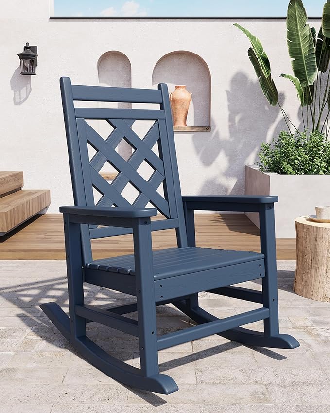 GarveeLife Outdoor Rocking Chair Set of 2, HDPE Weather Resistant Patio Rocking Chair Porch Rocker with Wood Texture & 380 LBS Support for Deck, Pool, Backyard, Navy Blue