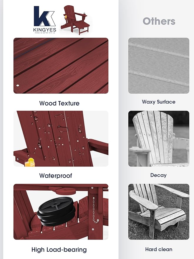 KINGYES Folding Adjustable Adirondack Chair with Ottoman & 2 Cup Holders Set of 2, HDPE Recliner Adirondack Chair with Footrest, Red
