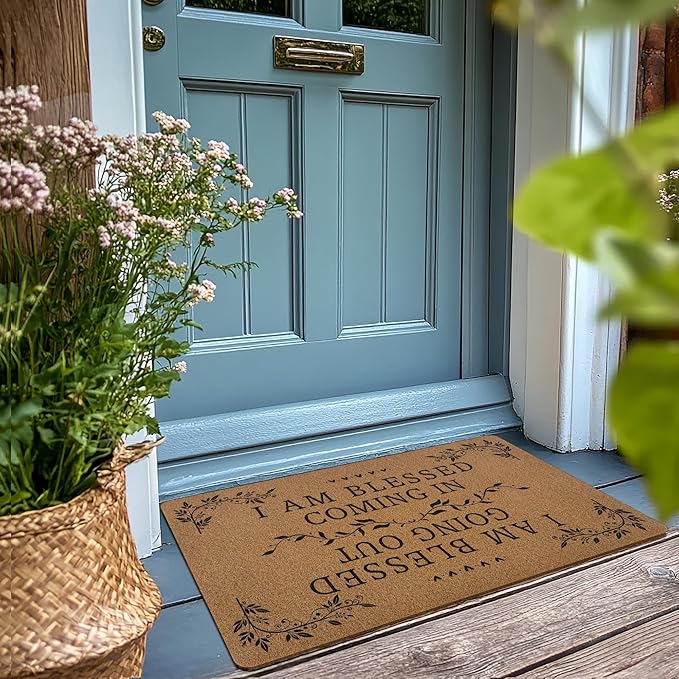 Farmhouse Christian Door Mat, I Am Blessed Coming in Going Out Welcome Front Door Mat Indoor Outdoor Entrance, Bible Verse Artificial Coir Doormats Rugs for Porch Patio Entryway Decor 30x17in