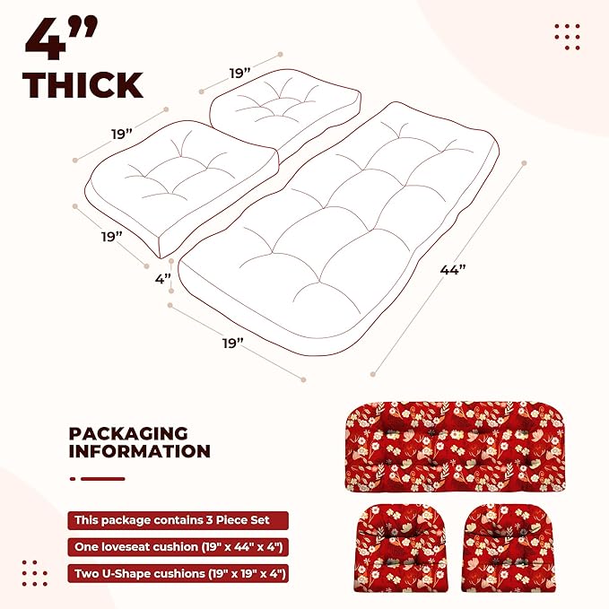 Wicker Chair Cushions, Waterproof Outdoor Loveseat Cushions for Patio Furniture, Tufted Wicker Furniture Cushions, 1 Loveseat and 2 U-Shaped Cushions (Black Floral)