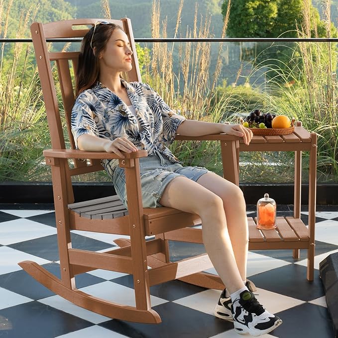 Plawdlik Oversized Outdoor Rocking Chair - All-Weather Resistant,HDPE Heavy Duty Patio Rockers with High Back - Perfect for Porch, Lawn, Garden, Modern Style,Teak