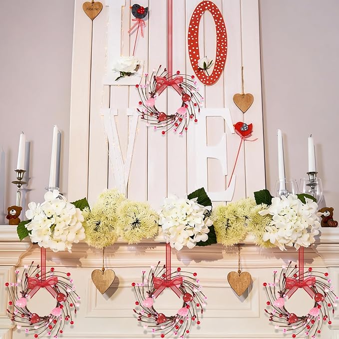 6 PCS Mini Valentine Wreaths for Cabinet Front Door Valentine Wreath Red Pink Glitter Heart and Berry Hanging Valentines Day Wreaths for Window Wedding Birthday Home Wall Porch Decoration