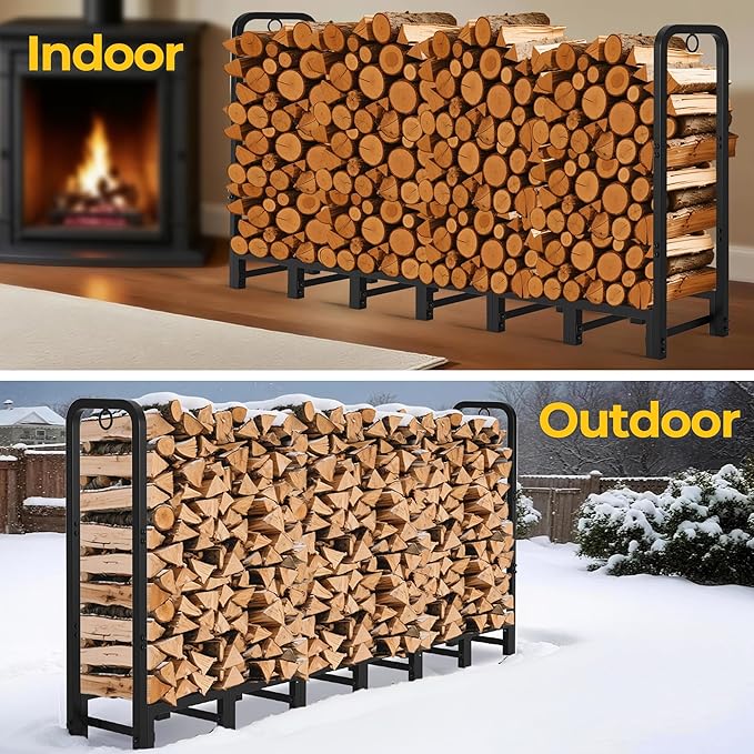 Amagabeli 8ft Firewood Log Rack Outdoor Heavy Duty Logs Holder for Fireplace Indoor Outdoor Adjustable Wood Racks for Fire Wood Holder Metal Pile Stand Storage Stacker Organizer Black