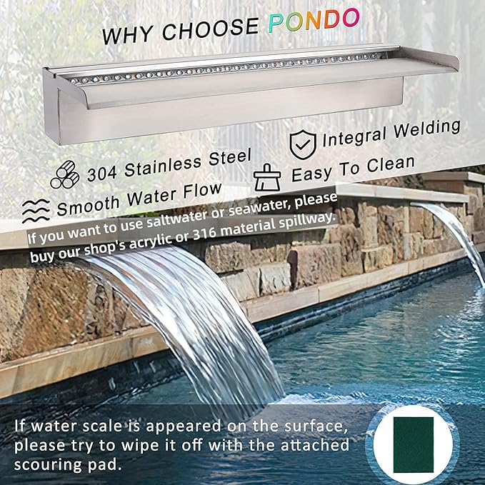 PONDO Pool Waterfall 24" APP with 16 Colors LED Lights, Stainless Steel Pond Fountain Set for Outdoor Decorations, Patio Waterfall Spillway Kit on The Wall for Garden, Easy Installation