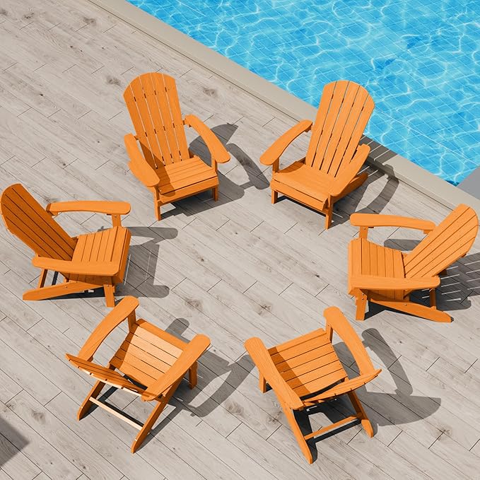 YEFU Adirondack Chairs Set of 6: Plastic Adirondack Chairs - Patio Chairs with Wood Texture - Outdoor Chair HIPS - Lawn Fire Pit Deck Porch Garden Chairs for Adults(Tangerine)