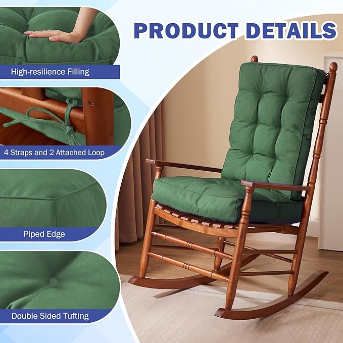 Rocking Chair Cushion, Waterproof and Fade-Resistant Patio Chair Cushions, Tufted Chair Pads for Rocker Furniture, 17x17 Inch, Indoor/Outdoor Seat Cushions with Ties, Dark Green (Pack of 2)