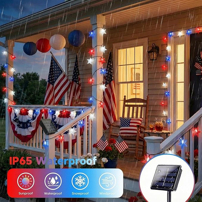 4th of July Twinkle Solar Star String Lights Decorations Outdoor Waterproof Fairy Lights 39FT Red White and Blue 100 LED with 8 Lighting Modes for Independence Day President Day Memorial Day