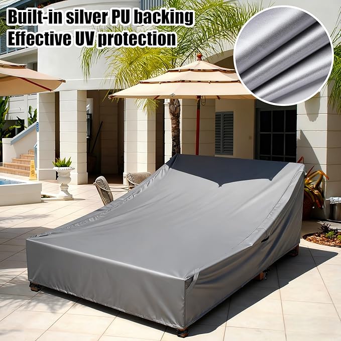 Double Lounge Chair Cover 100% Waterproof Outdoor Chaise Lounge Cover 600D Weather Resistant Material, UV Protection, Windproof Design Double Wide Patio Lounge Chairs Covers (Grey)