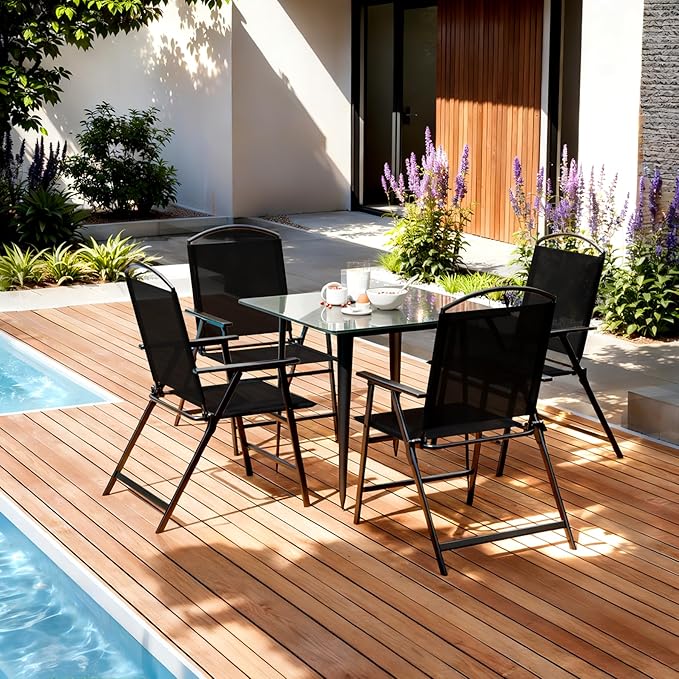 Outdoor Folding Patio Dining Chairs Set of 4 With Armrest Heavy-Duty Lightweight Protable Foldable Patio Sling Chair for Garden Lawn Poolside Backyard Deck Bistro Balcony Sillas Furnitures(4, black)
