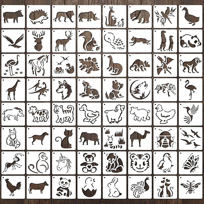 64 Pieces Stencils for Painting, Small Reusable Animal Stencil, Art Craft Template for Painting on Wood, Wall, Fabric, Rock, Chalkboard, Sign, DIY Art Scrapbook Projects(Animal)