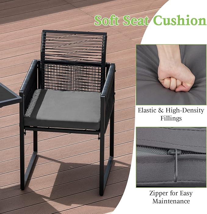 Tangkula 3 Pieces Outdoor Dining Set, Patio PE Rattan Furniture Set with Folding Backrest, Cozy Seat Cushions, Tempered Glass Tabletop, Space-Saving Rattan Chair Table Set for Backyard, Poolside