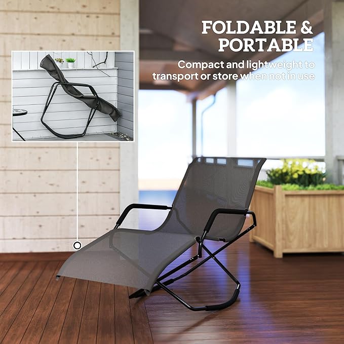 Outsunny Outdoor Folding Rocking Chair, Foldable Chaise Lounge Pool Chair, Zero Gravity Lounge Chair with Armrests for Sun Tanning, Sunbathing, Rocker for Patio, Lawn, Beach, Brown