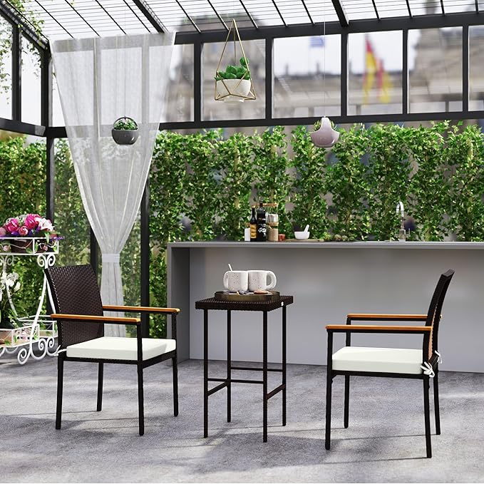Outsunny Wicker Outdoor Dining Chairs Set of 2, Stackable PE Rattan Patio Dining Chairs with Cushions and Acacia Wood Armrests for Deck, Garden, 353 LBS Capacity, Cream White