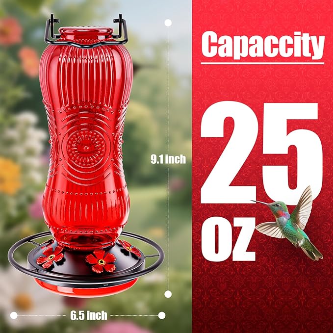 25 Ounces Hummingbird Feeders for Outdoors Hanging, Vintage Style Glass Humming Bird Feeder with Ant Moat & 5 Feeding Ports