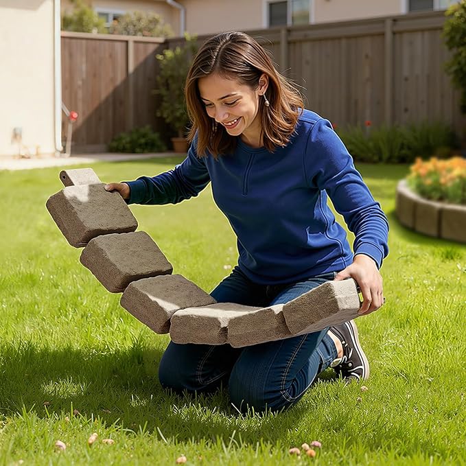 VEVOR Faux Stone Landscape Edging, No Dig Garden Edging Border, Flexible Blocks for Lawn Edging, Flower Beds, Driveway, Yards with 12 Spikes, 4 Pack 24 Bricks 16FT Kit, 47.2" Lx 4" W x 9" H, Beige