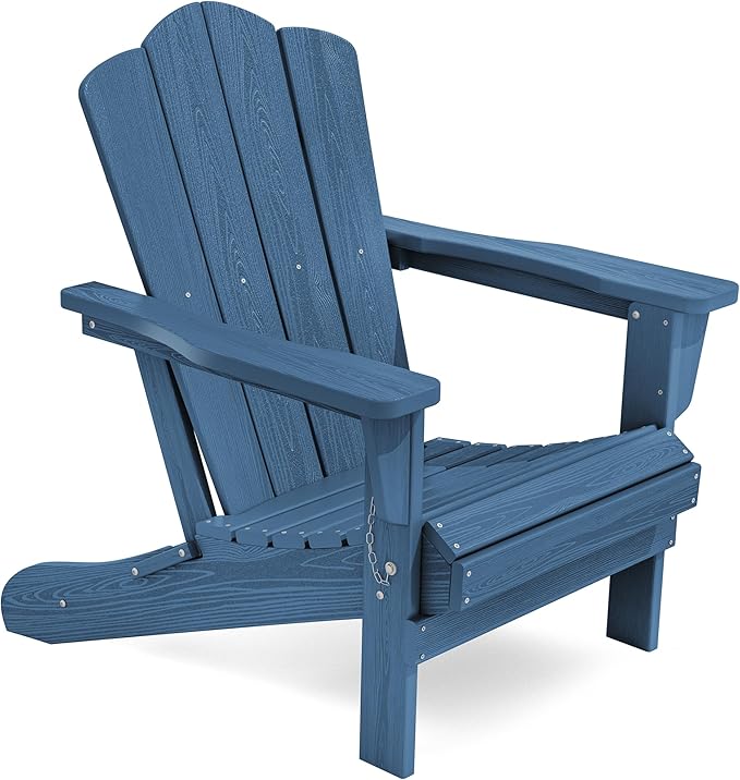 KINGYES Folding Adirondack Chair, HDPE All-Weather Patio Chairs, Wooden Textured Lawn Chair for Poolside, Backyard, Deck, Fire Pit, Navy
