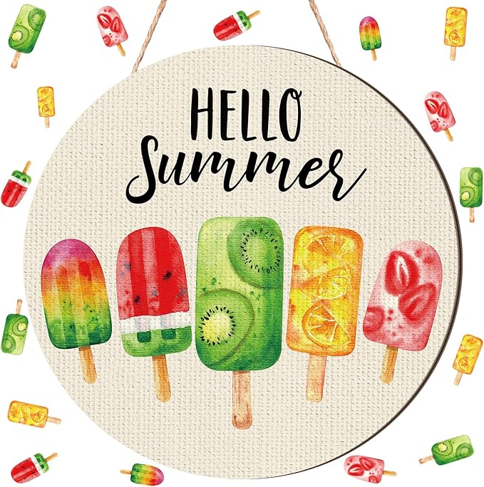 Chunful Hello Summer Door Decor Ice Cream Wreath Front Door Hanger Ice Lolly Farmhouse Summer Wooden Hanging Welcome Beach Wall Wreath Sign for Home Seasonal Holiday Porch Office Garden Office