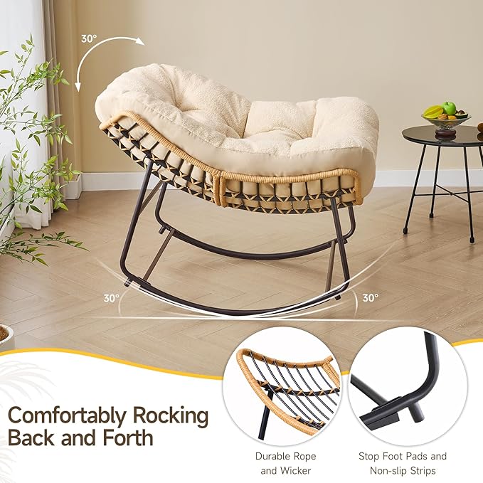 ONBRILL Outdoor Rocking Chairs, Oversized Papasan Rocking Chair Indoors with Padded Cushions, Rattan Wicker Lounge Chair for Living Room, Porch, Patio, Garden, Beige