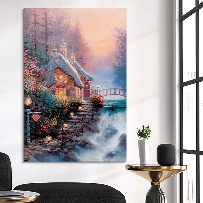 STUDIO HAVEN Thomas Kinkade Canvas Wall Art, Red Bridge Glowing Windows Lush Floral Gardens Oil Painting Fairytale Poster Enchanted Sunset Wall Decor, Framed Prints for Home Decor, 20x28Inch