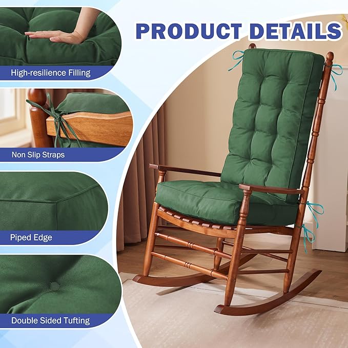 Rocking Chair Cushion, Waterproof and Fade-Resistant Patio Chair Cushions, Tufted Chair Pads for Rocker Furniture, 18x18 Inch, Indoor/Outdoor Seat Cushions with Ties, Dark Green