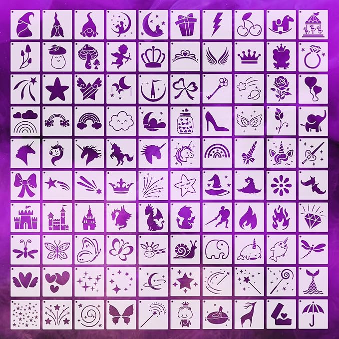 Fainne 100 Pcs 2 Inch Stencils Small Stencils for Painting on Wood Reusable Painting Templates Crafts for DIY Scrapbook, Wood, Wall, Fabric, Rock, Chalkboard, Sign(Girls Theme)