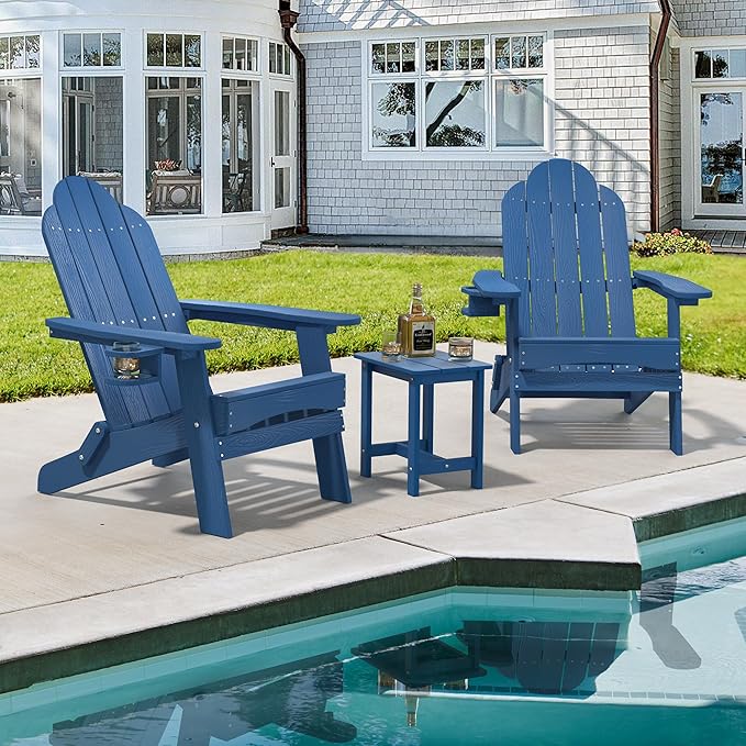 LUE BONA Folding Adirondack Chair 3 Piece Set, Navy Blue HDPS Outdoor Chair with Side Table & Cup Holder for Lake House Porch
