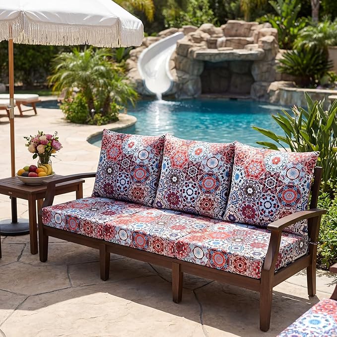 Hoteam 4 Set Outdoor Chair Patio Cushions Deep Seat Waterproof Chair Cushions 20 x 20 Inch for Patio Furniture Set Replacement Removable Seat and Back(Ethnic Style)