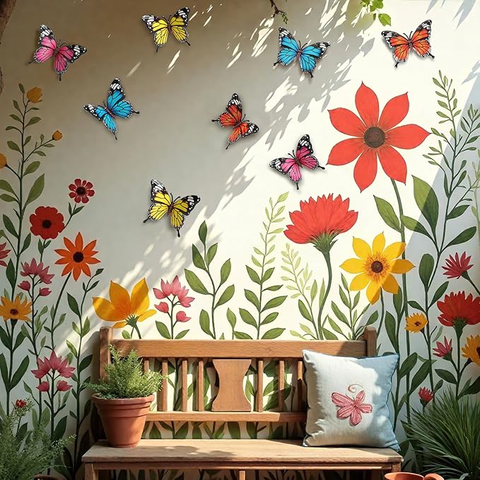 4 Pack Metal Butterfly Decorations, 6.7 in Butterfly Wall Art Sculpture Hanging Decor, Metal Butterflies Outdoor Decor for The Garden, Patio, Fence, Home, and Yard