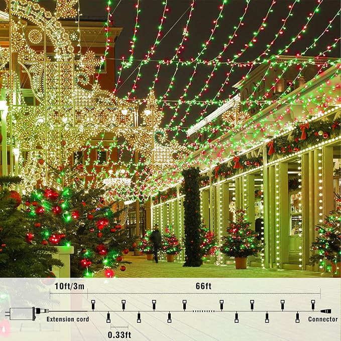 66FT 200 LED Christmas Lights Outdoor, Plug in Christmas String Lights Indoor, Waterproof & 8 Modes & Timer Function, Connectable Twinkle Fairy Lights for Home Patio Tree Decor, Red and Green