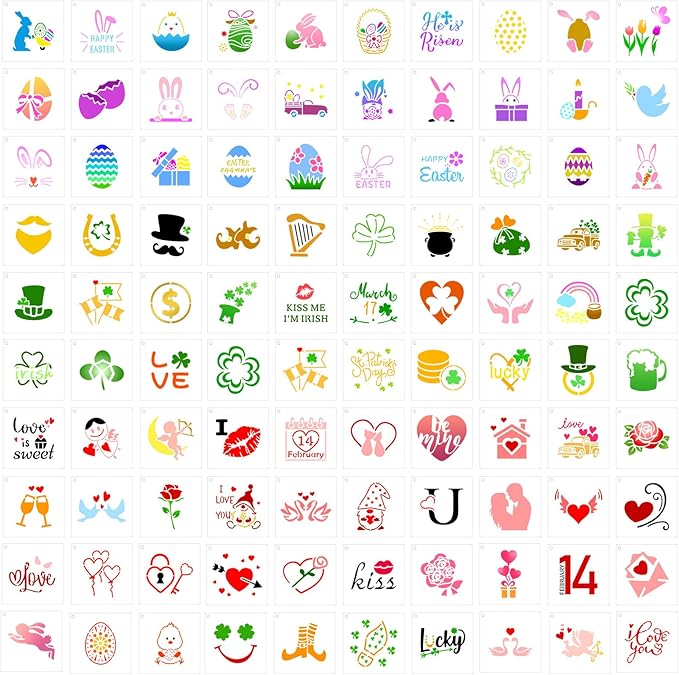 Fainne 100 Pcs 2 Inch Stencils Small Stencils for Painting on Wood Reusable Painting Templates Crafts for DIY Scrapbook, Wood, Wall, Fabric, Rock, Chalkboard, Sign(Bunny, Shamrocks, Heart)