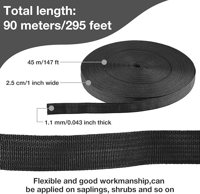 Shappy Tree Tie Strap Garden Webbing Strap Garden Plant Supports Tree Tie Staking for Outdoor Use, Plant Supports, Grafting, Straightening Supplies(Black,295 Feet x 1 Inch)