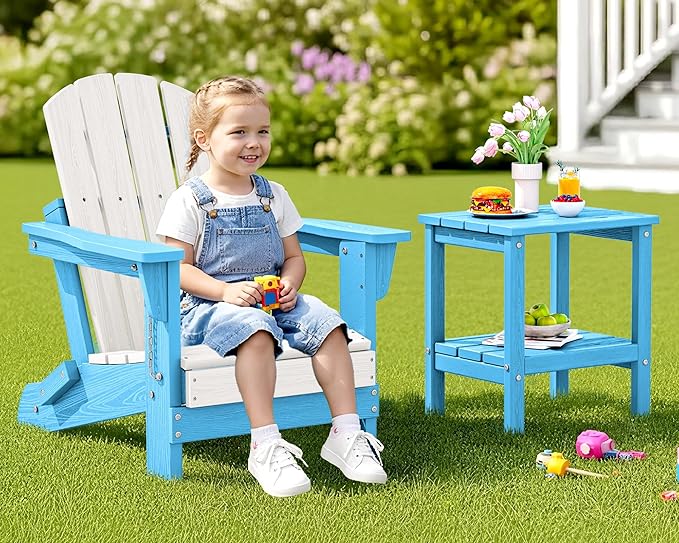 SERWALL Kids Adirondack Chair, HDPE Adirondack Chair for Children,All-Weather Resistant for Patio, Garden, Backyard - Light Blue and White