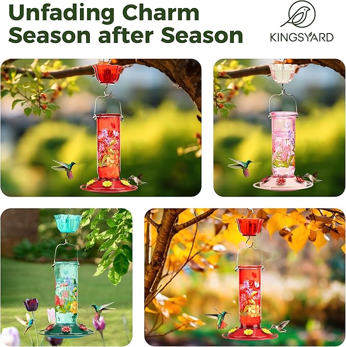 Kingsyard Hummingbird Feeder for Outdoor Hanging - Charming Patterned Glass Humming Bird Feeder with 6 Feeding Ports and Ant Moat, Ideal Gift Choice for Bird Lovers, Pink