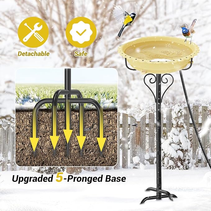 Heated Bird Bath for Outside Winter, Powerful 100W Thermostat Control Water Heated BirdBaths Bowl for Outdoors with 5-Prong Metal Base Heated Bird Bath for Garden Patio Yard Lawn (Beige)