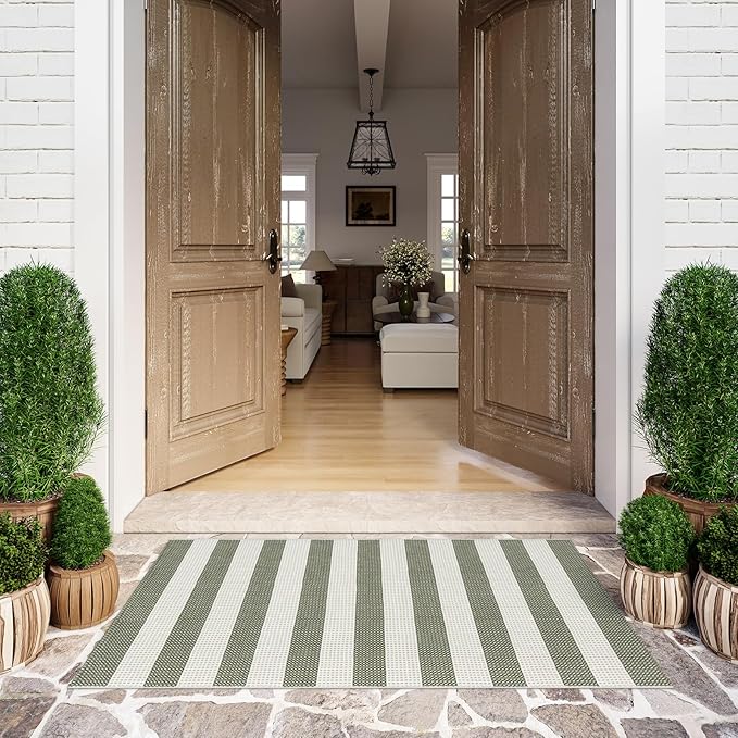 Striped Outdoor Rug 3x5, Boho Washable Front Porch Rug Cotton Hand Woven Outside Door Mats,Foldable Layered Doormat for Farmhouse/Entryway/Home Entrance(Green and White)