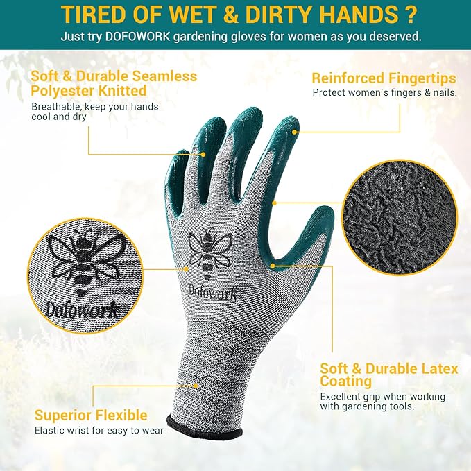 DOFOWORK Gardening Gloves - 6 Pair Gardening Gloves for Women/Men, Breathable Natural Latex Garden Gloves with Grip