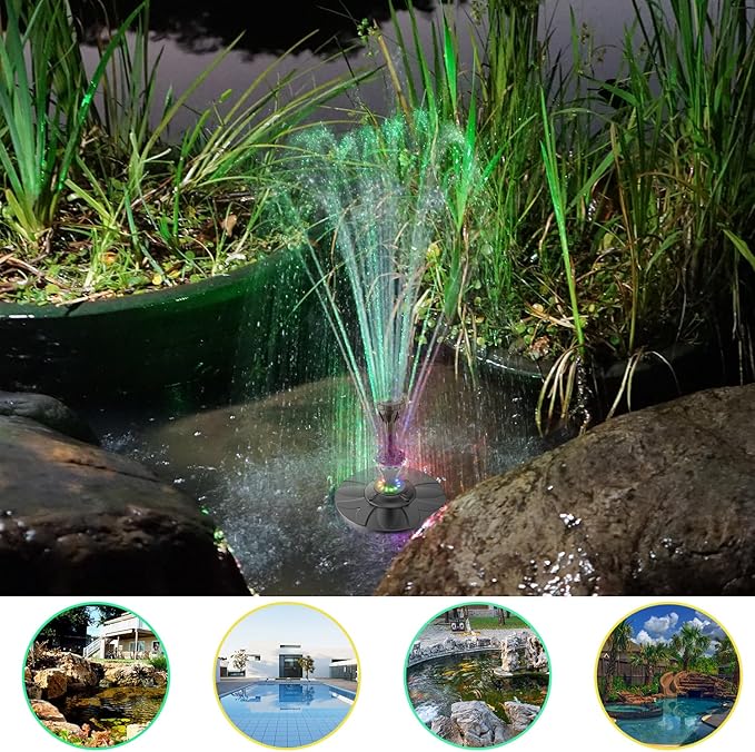 Electric Floating Pond Fountain Colorful LED Lights, Built-in Filter System, Waterfall Fountain Pump,32.8ft Power Cord, Day and Night Lighting, Energy Saving for Above Ground Pools