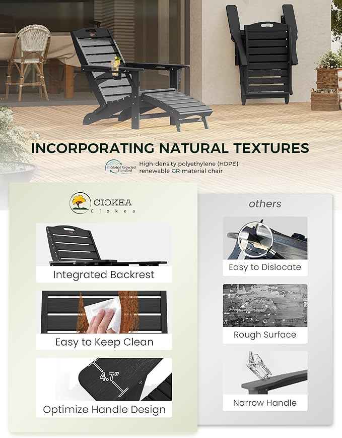 Ciokea Folding Adirondack Chair Set of 4 with Retractable Ottoman Fire Pit Patio Chair with Pull Out Foot Rest Weather Resistant Lawn Outdoor Chair with 2 Cup Holder (Black)