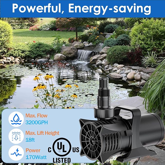 AquaMiracle 3200GPH Submersible Water Pump UL Certified Pond Pump with 20FT Cord, Adapters & Filter Bag, 170W Water Fountain Pump for Pond, Fountain, Waterfall, Fish Tank, Hydroponics