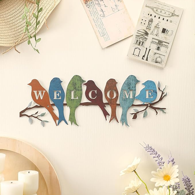 Peryiter Bird Wall Art Birds on Branch Welcome Sign Hanging Outdoor Metal Wall Decor Welcome Signs for Porch Vivid Statue Welcome Wall Decor Tree Silhouette for Bedroom Garden(Rustic Colors)