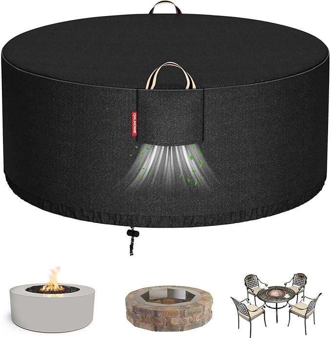 [2026 Upgraded 900D Fabric] Outdoor Fire Pit Cover for 52-60 inch Fire Pit, 900D Heavy Duty Waterproof Patio Table Cover with Air Vent, Handle & Tightening Drawstring, 60"Dia x 24"H -Black