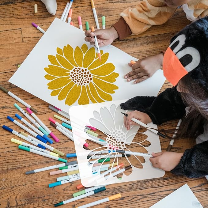15PCS Large Sunflower Stencils for Painting 12 x 12 Inch Flower Stencils with Brushes Reusable Floral Wall Stencil Sunflower Plastic Template for Wall Furniture Garden Fabrics