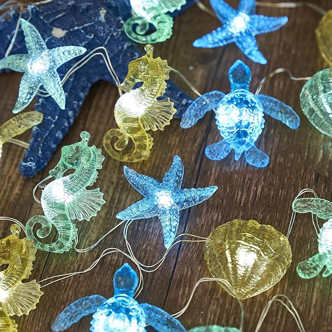 Nautical Theme Outdoor Solar Fairy Lights Ocean Décor Beach Decorative String Light Solar Power Seahorse Sea Turtle Starfish Shell Garden Night Lights 40LED 14ft Balcony Front Porch Tree Trunks
