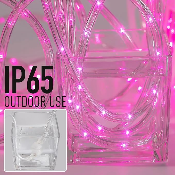 Waterproof LED Rope Lights, Connectable & Flexible with 8 Modes, Outdoor Lighting for Deck, Garden, Pool, Patio & Christmas Decor (Pink, 100ft)
