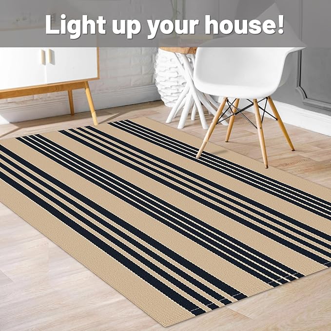 IOHOUZE Black and Tan Striped Rug 3'x5' Front Door Rugs Outdoor, Washable Area Rug for Front Porch, Spring Summer Welcome Mats Outdoor Indoor, Doormat for Entryway Porch Entrance