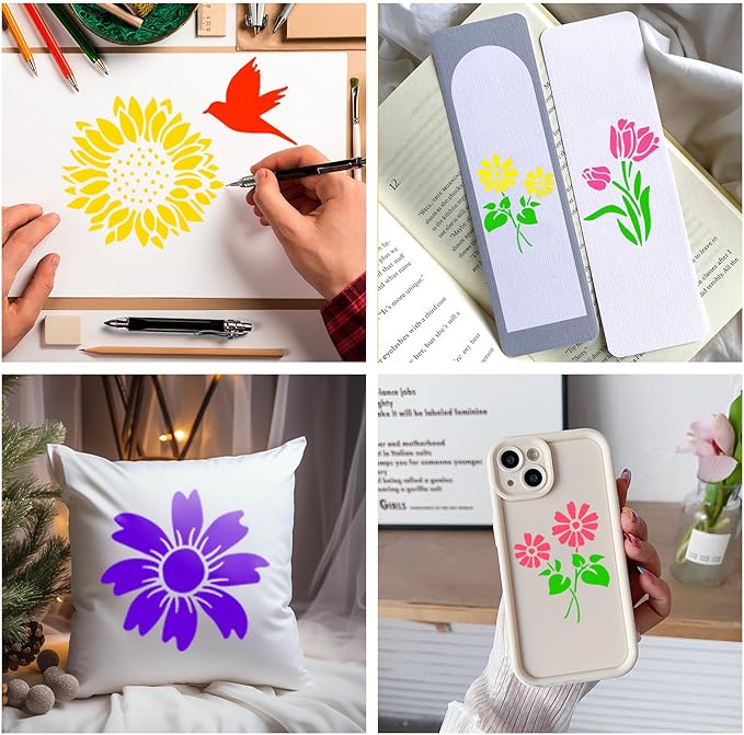 50 Pcs Large Flower Stencils for Painting, 3.94 X 3.94 Inch Flower Stencils for Crafts Reusable, Wood and Wall Stencils for Painting Large Pattern, DIY Templates Holiday Wall Paper (J)
